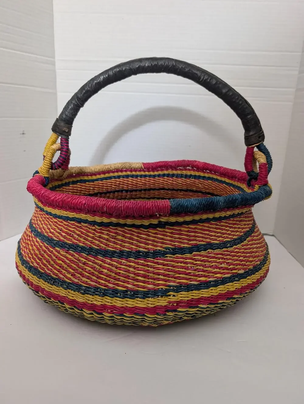 Vintage African Bolga Market Basket, Colorful Woven Ghana Shopping Tote